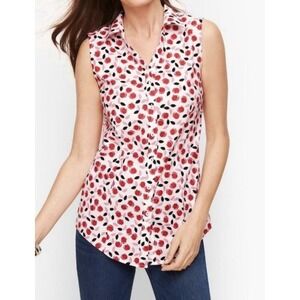 Talbots Sleeveless Button Down Shirt Red Pink Floral Tulip Non-Iron Preppy